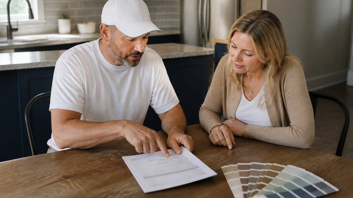 Homeowner reviewing a written estimate with a professional painting contractor to clarify project scope details.