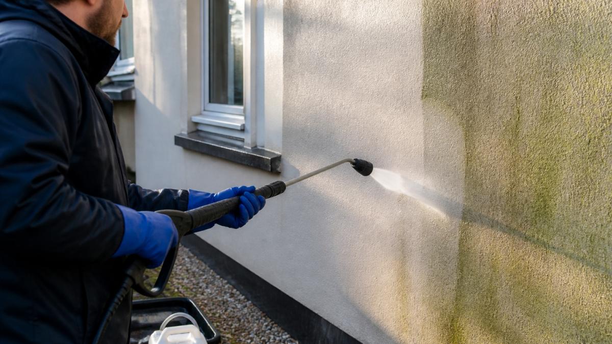 A professional render cleaner using soft wash equipment on algae-stained exterior walling