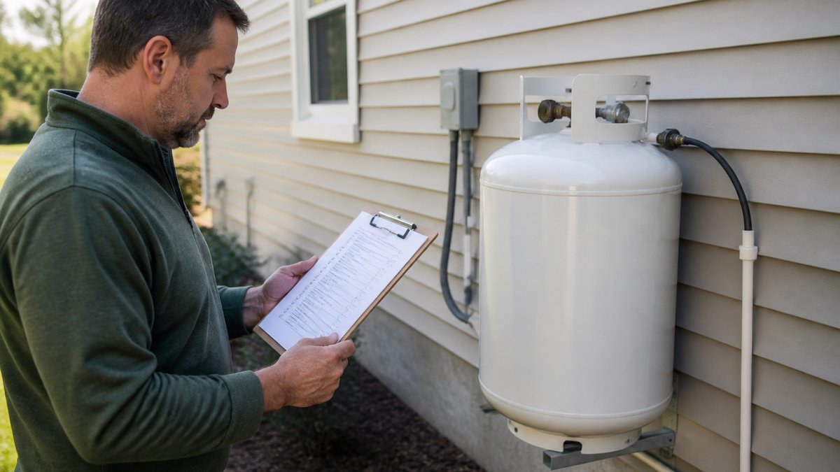 Homeowner holding a clipboard reviewing propane supplier evaluation checklist while standing next to a residential propane tank mounted on the exterior wall of a house, natural daylight