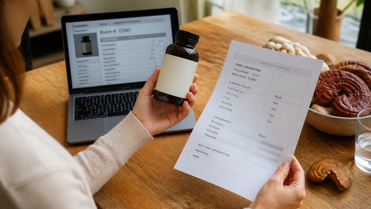 Step-by-step guide showing how to verify a supplement lab report by comparing a batch number to a COA document