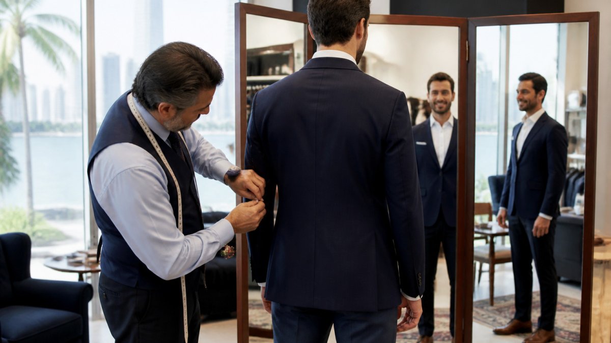 Tailor pinning a navy suit sleeve on a client to help you choose a quality suit tailor in a bright Miami shop.