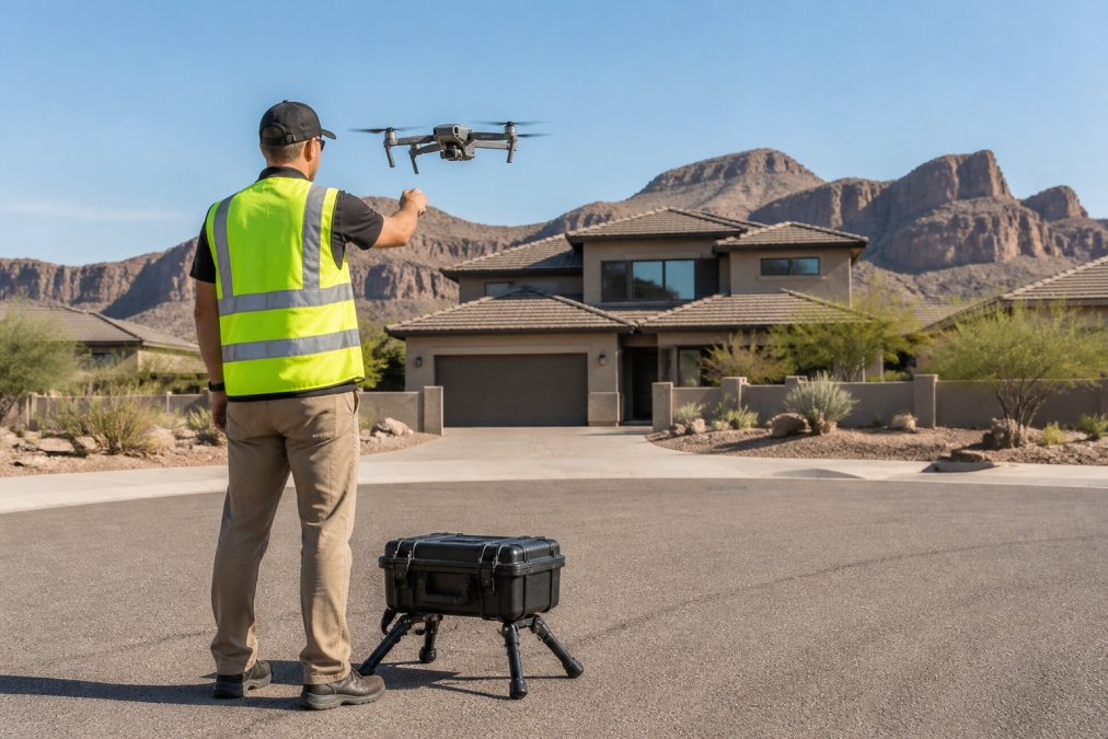 A licensed drone operator in a safety vest launching a professional drone from a tripod case on a desert residential street, with a two-story home and mountain backdrop visible in the distance