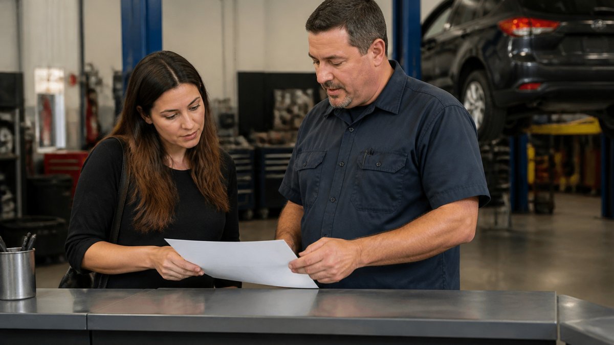 A car owner and a reliable auto mechanic reviewing a repair estimate at a clean service counter