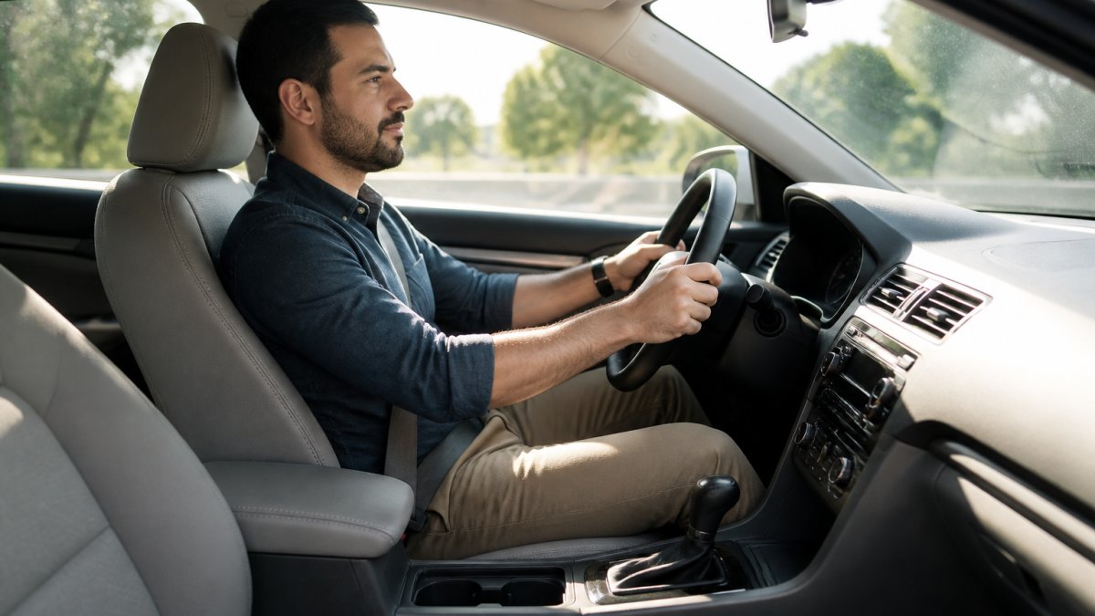 Driver sitting comfortably in a reliable commuter car with adjustable seating and a clear view of the dashboard.