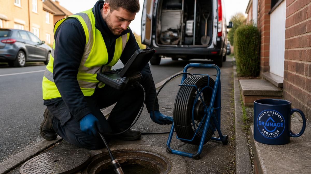 A drainage engineer in a high-visibility vest kneeling beside an open drain cover, holding a CCTV camera reel and monitor, with a residential street and parked van in the background