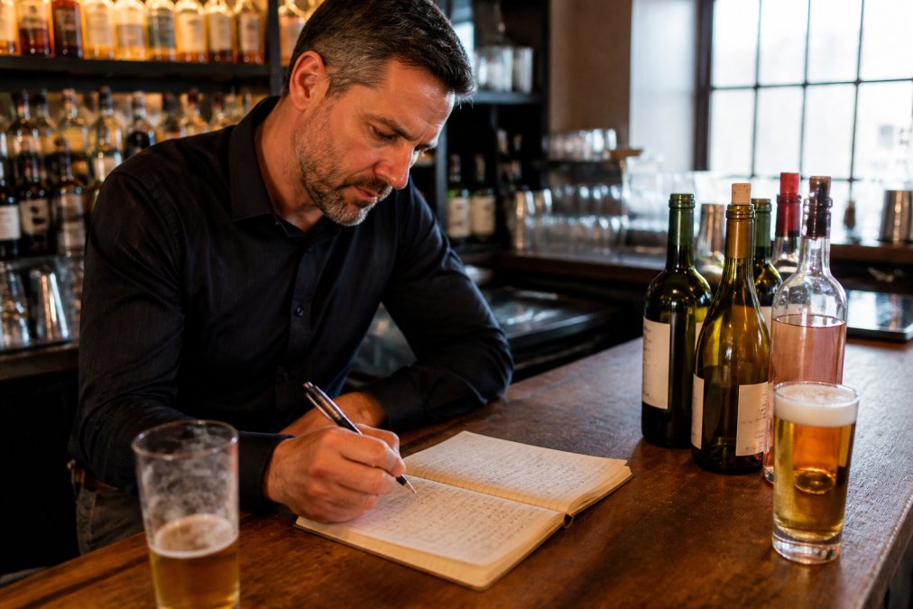 Bar manager reviewing a handwritten drinks stock ledger at a wooden counter with wine bottles and beer glasses visible in soft afternoon light