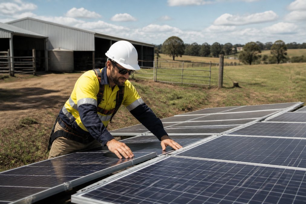 Electrician inspecting a rural solar array to help you learn how to choose a reliable electrician for rural property 2026