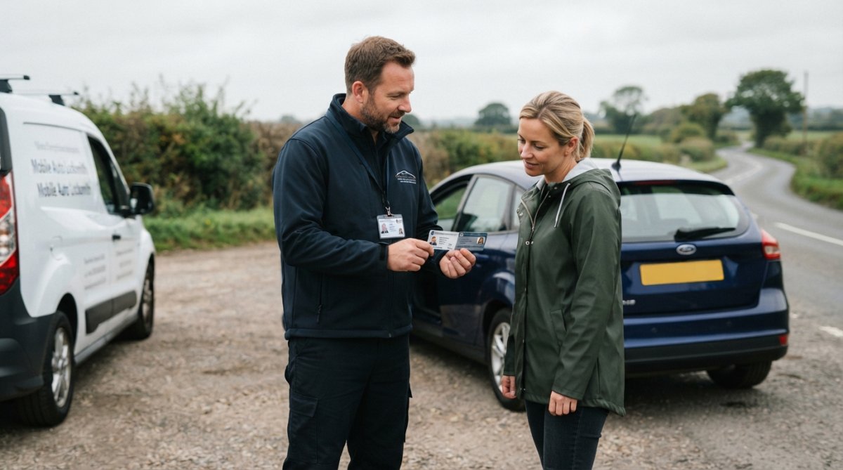Emergency locksmith showing ID badge and trade credentials to a driver by a parked car