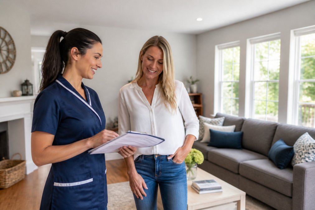 A professional cleaner in a branded uniform reviewing a detailed cleaning checklist with a smiling homeowner in a bright, modern living room with natural light streaming through windows