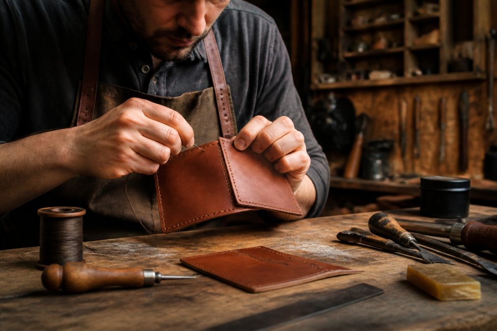 Close-up of a craftsman's hands hand-stitching a leather wallet on a wooden workbench, waxed thread, needles, and edge-burnishing tools visible in warm workshop light
