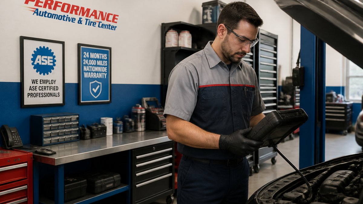 Reliable local mechanic examining diagnostic equipment in a clean, professional auto repair shop.