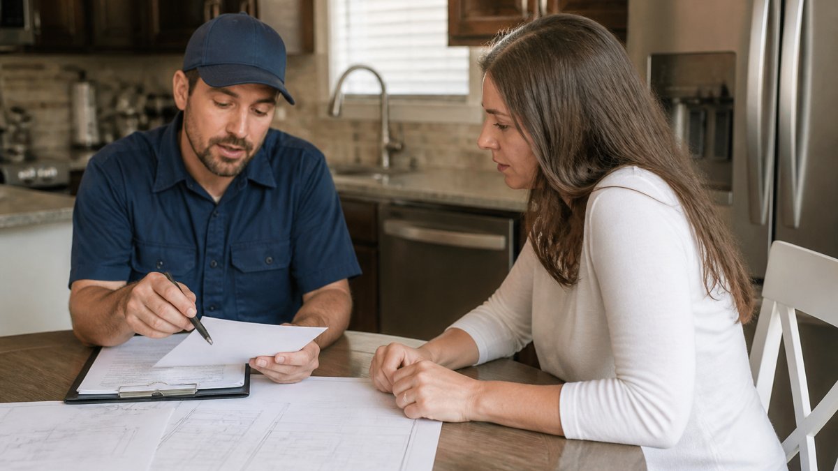 Infographic process for a homeowner reviewing a contract with a reliable local plumber at a kitchen table