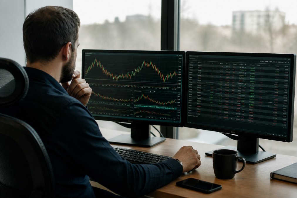 Professional trader at dual-monitor setup displaying MT5 terminal with network latency statistics and ping time measurements on screen, focused on performance metrics
