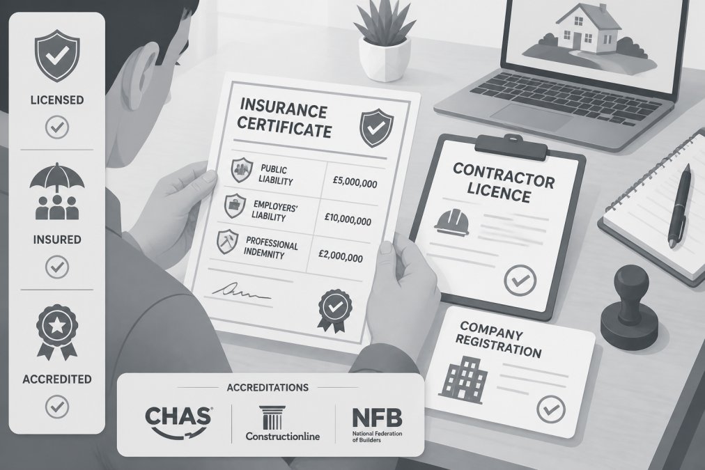 Close-up of a homeowner reviewing insurance certificates and contractor credentials on a table, examining official documents under natural office lighting