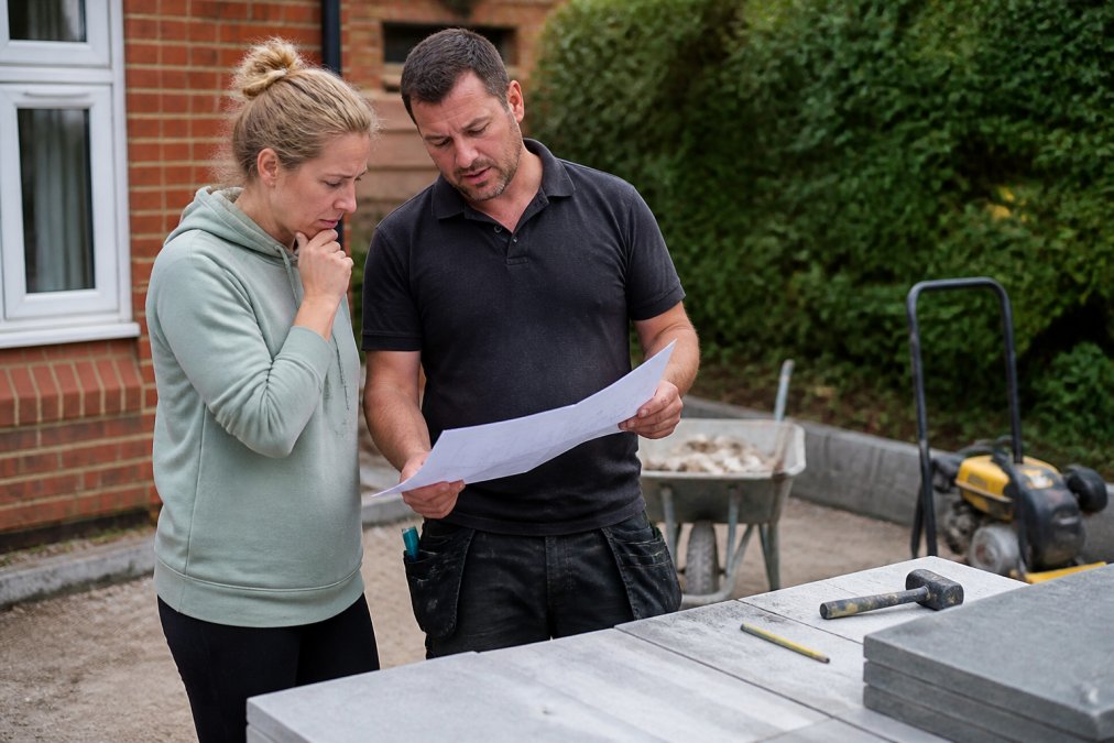 A concerned homeowner discussing project details with a paving contractor at a residential property site, reviewing plans and specifications together