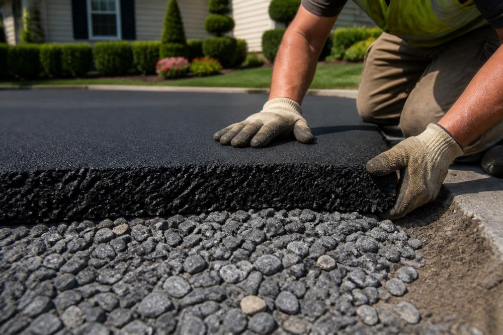 Close-up of a contractor's gloved hands inspecting the smooth, dark asphalt surface and the compacted gray aggregate base beneath it during a residential driveway installation on a sunny day