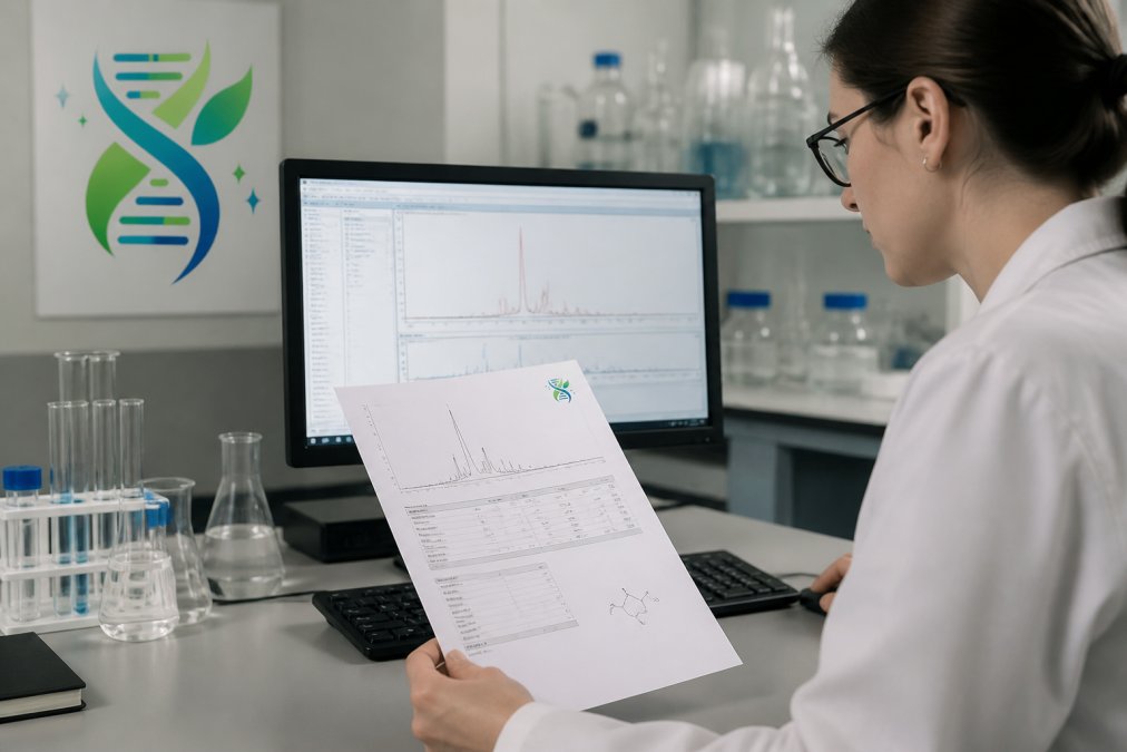 Researcher in a peptide testing lab reviewing a Certificate of Analysis document alongside digital analytical data.