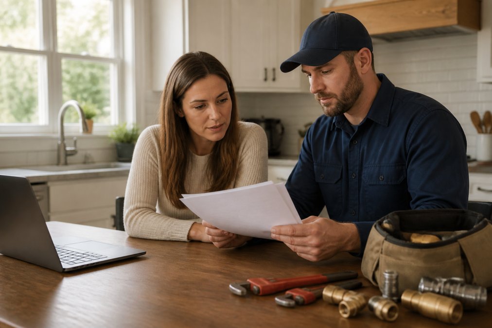 A homeowner and plumber reviewing license and insurance documents at a kitchen table, laptop open to a state licensing website, warm afternoon light through a window