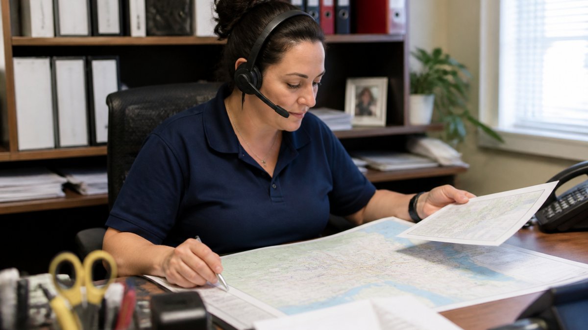 Customer service representative seated at desk reviewing propane delivery maps and service area documentation with phone headset visible