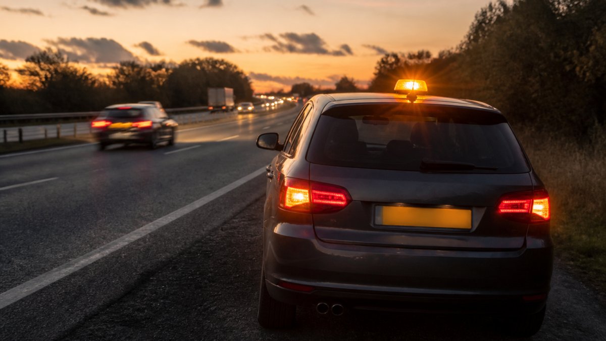 How to Choose a Reliable Roadside Safety Beacon A broken-down car on the hard shoulder of a motorway at dusk, with a bright amber LED beacon placed on the roof, its light clearly visible against the fading daylight and passing traffic