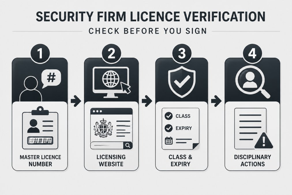 Flowchart showing the steps to verify a Queensland security firm licence: 1. Ask for master licence number, 2. Visit the Queensland Government licensing website, 3. Confirm licence class and expiry, 4. Check for any disciplinary actions