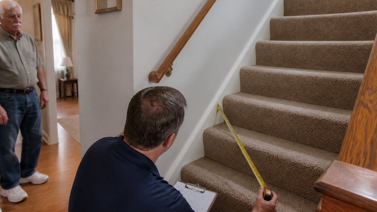 A stairlift technician in a home measuring a narrow staircase with a clipboard while an older homeowner watches from the hallway