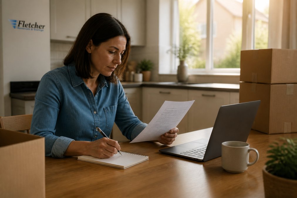 A homeowner sitting at a kitchen table with a notepad and pen, reviewing a printed removal quote, with a laptop open beside them showing a checklist on screen, warm afternoon light through the window