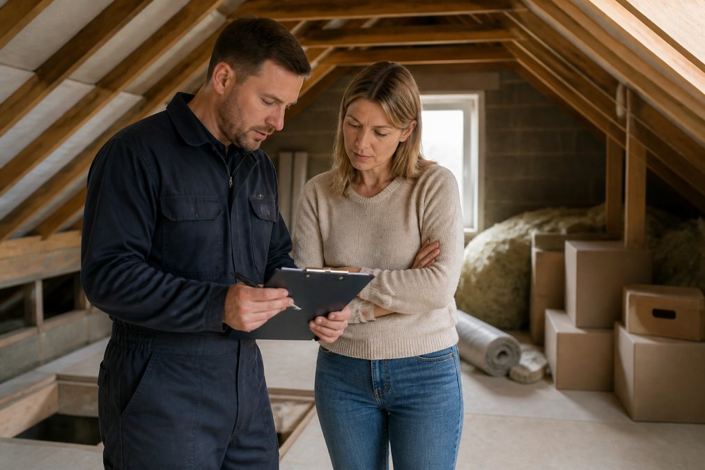 Removal specialist discussing a loft survey with a homeowner to show how to choose a removal specialist