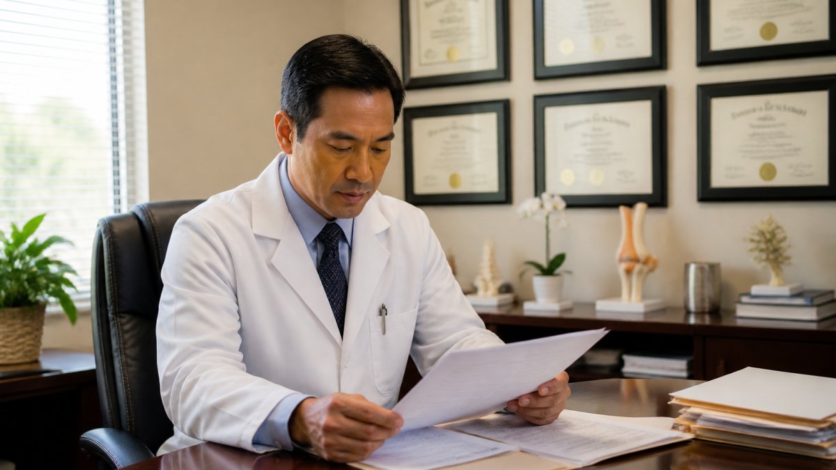Professional physician in white coat reviewing patient medical records and credentials documentation at a desk, with diplomas and board certifications visible on the wall behind in modern clinical setting