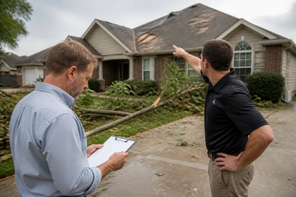 A homeowner standing on a driveway looking at a clipboard while a door-to-door salesman in a polo shirt points at the roof of a suburban house, with storm debris visible in the yard