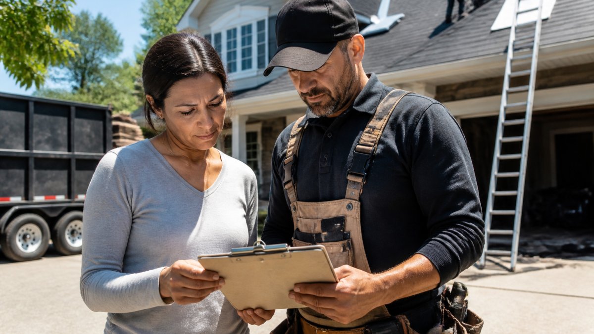 A homeowner and a roofing contractor in work clothes reviewing a clipboard with license and insurance documents on a residential driveway, with a house and ladder visible in the background