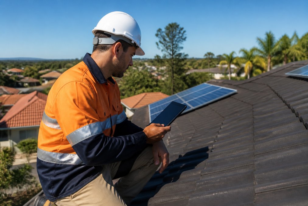A professional solar installer in safety gear conducting a site assessment, using a tablet to review roof measurements on a residential property