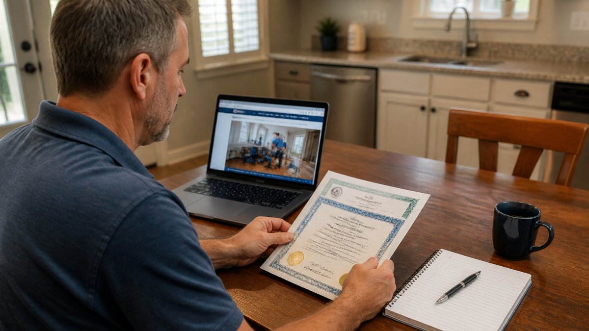 A homeowner reviewing a restoration company's certification documents and license at a kitchen table, with a laptop showing the company website and a notepad nearby