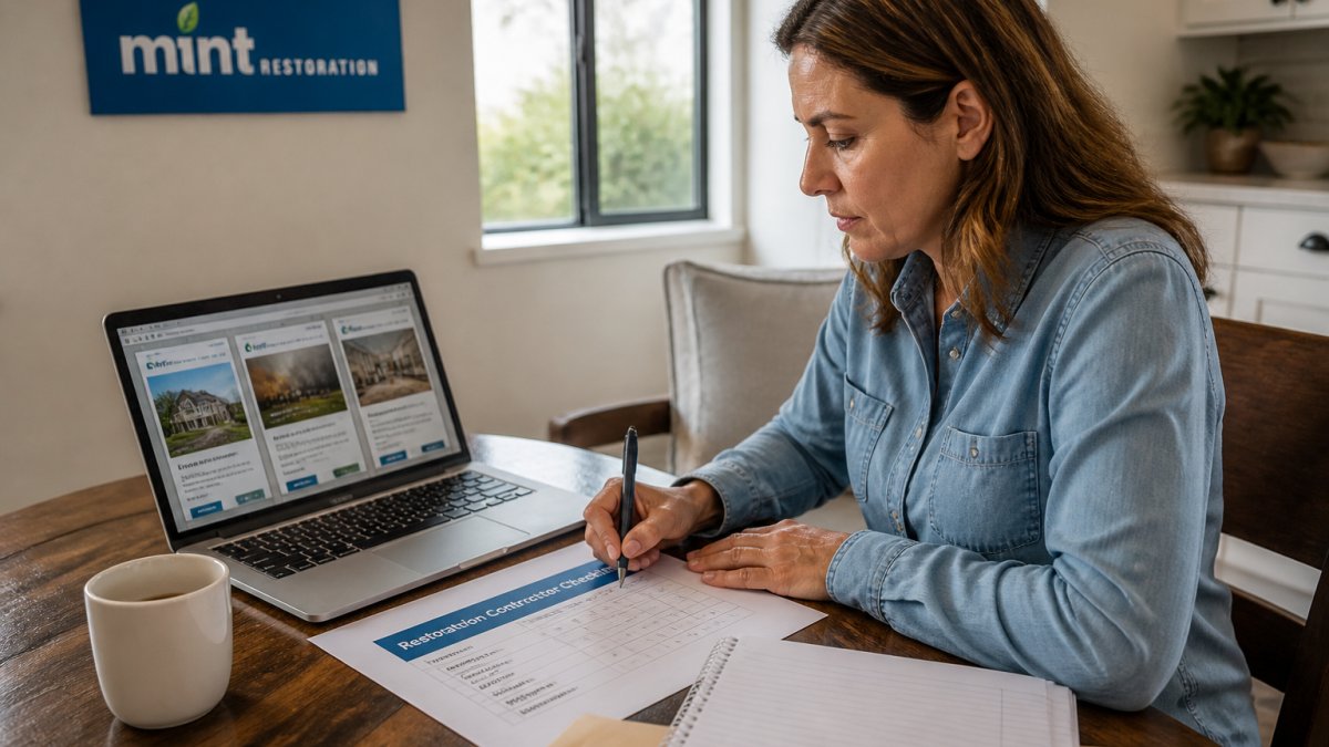 A homeowner sitting at a kitchen table with a printed checklist, pen, and a laptop showing contractor websites, comparing notes in natural daylight