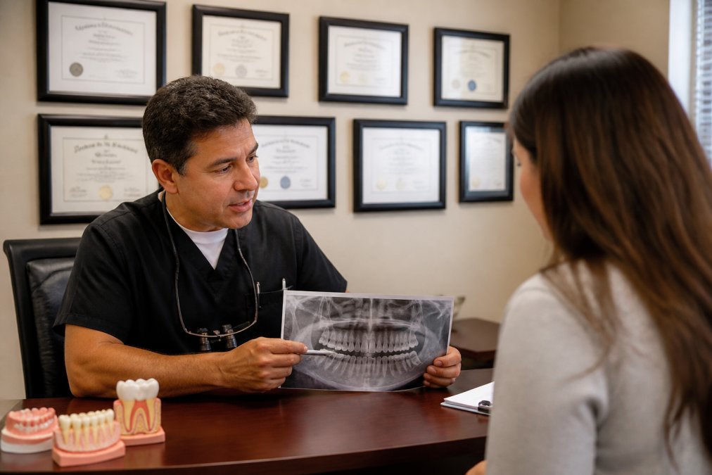 Dentist in clinical attire reviewing patient X-rays and dental records at a consultation desk with professional certificates and credentials visible on the wall behind