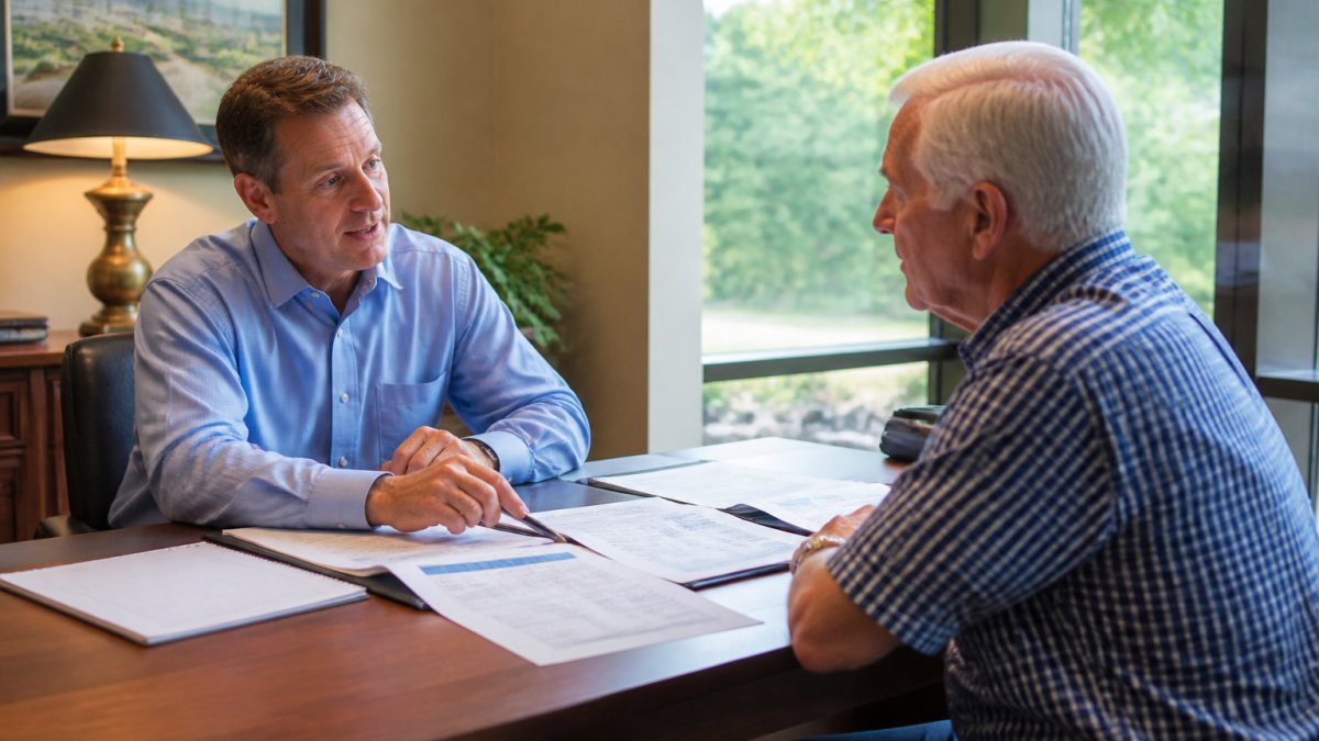 Professional advisor and client reviewing financial documents to choose retirement advisor in a modern office