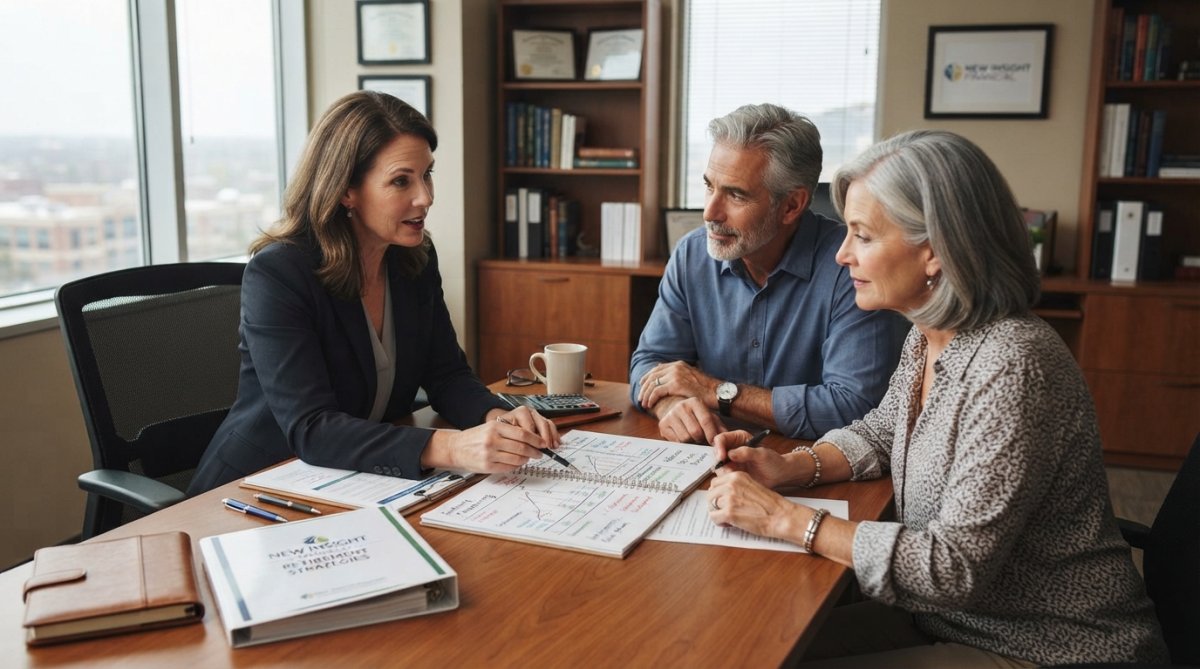 A mature couple meeting with a financial advisor in a professional office setting, reviewing retirement planning documents and strategy charts together, natural light from large windows