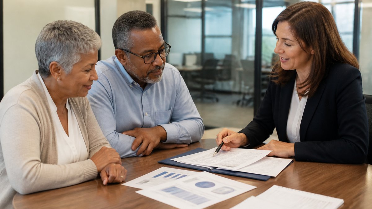 Professional couple meeting with a financial advisor at a desk in a modern office, reviewing retirement documents and discussing strategy with natural office lighting