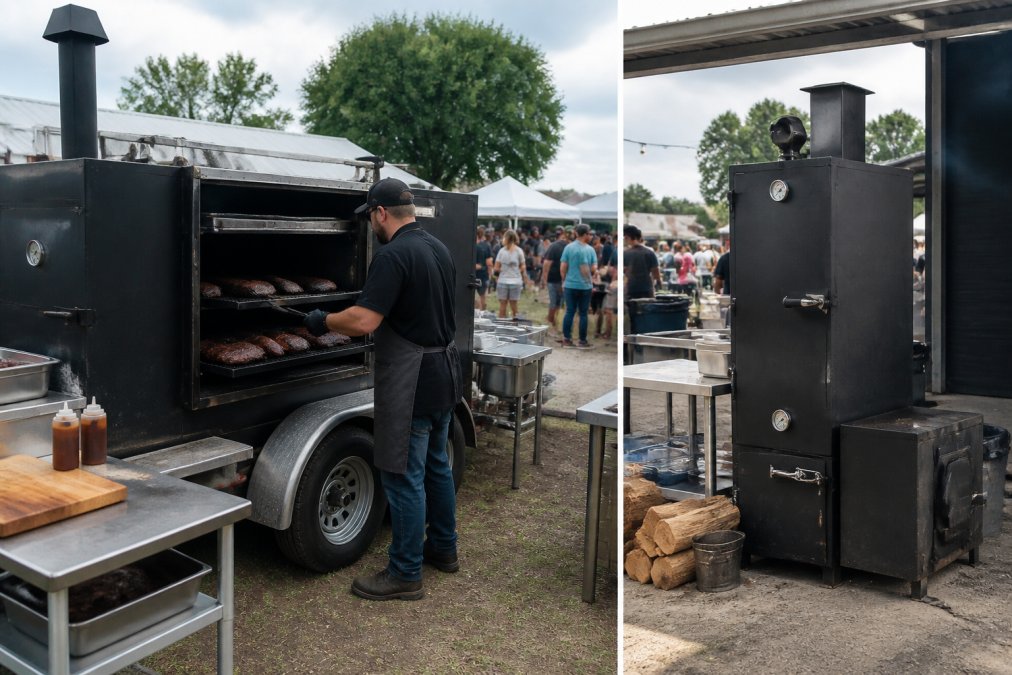 Pitmaster checking briskets on a reverse flow smoker trailer at a bustling outdoor catering event