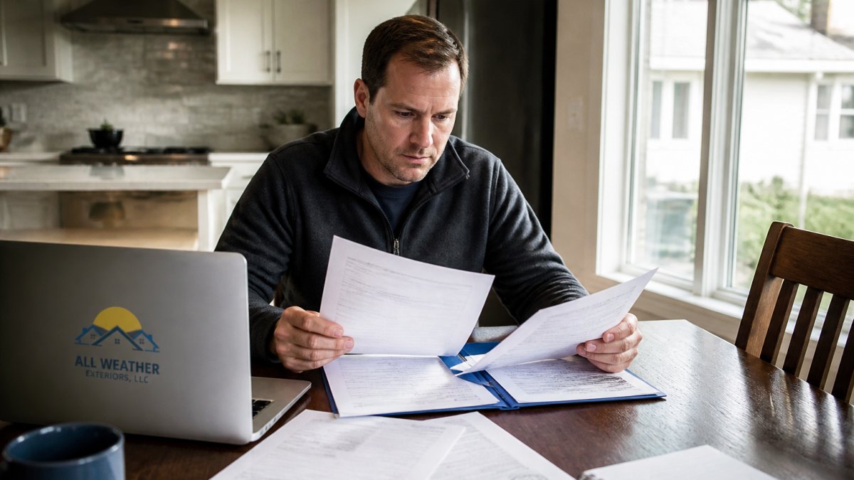 Homeowner reviewing contractor license and credentials documents at kitchen table with laptop and papers spread out