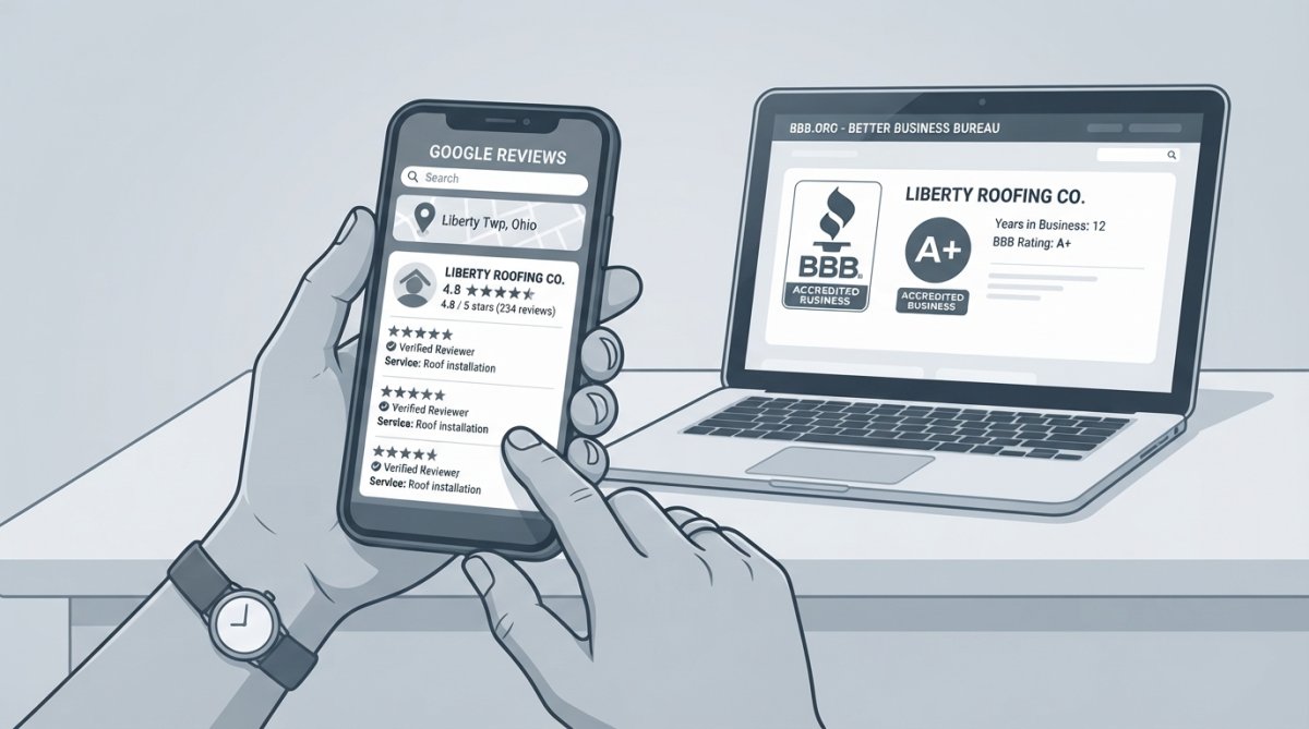 Close-up of homeowner's hands holding a smartphone displaying Google reviews and ratings for roofing contractors, with a laptop showing Better Business Bureau credentials in the background