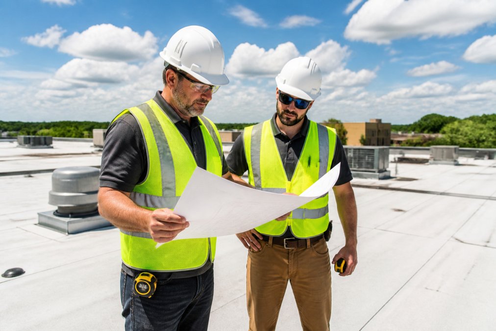 Commercial roofing contractor and team member inspecting a commercial building roof with clipboard and measuring tools, reviewing installation specifications in bright daylight