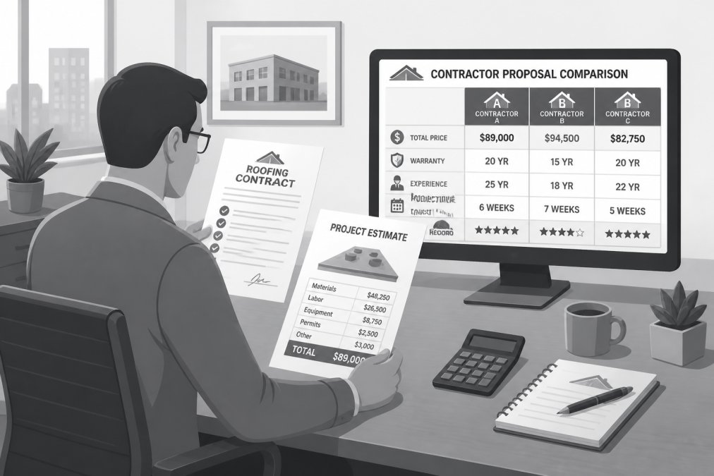 Property manager or building owner reviewing roofing contract documents and project estimate at office desk with computer, comparing contractor proposals