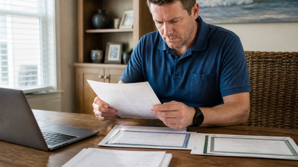 Homeowner reviewing contractor licensing documents and insurance certificates at a desk with laptop and paperwork spread out