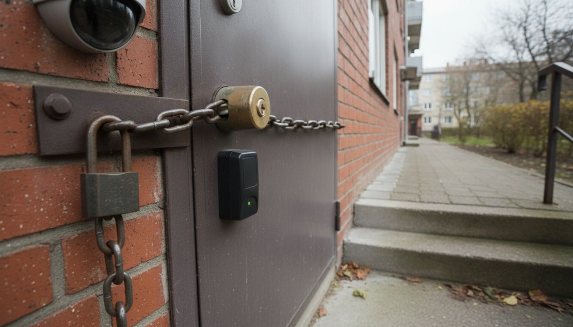 Close-up of a modern apartment building entrance featuring a video intercom panel, keypad-controlled gate, and security camera mounted above the door in bright daylight
