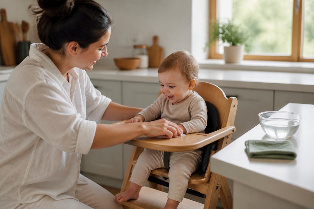 Parent and toddler sitting together at a wooden high chair in a bright, minimalist kitchen filled with natural light.