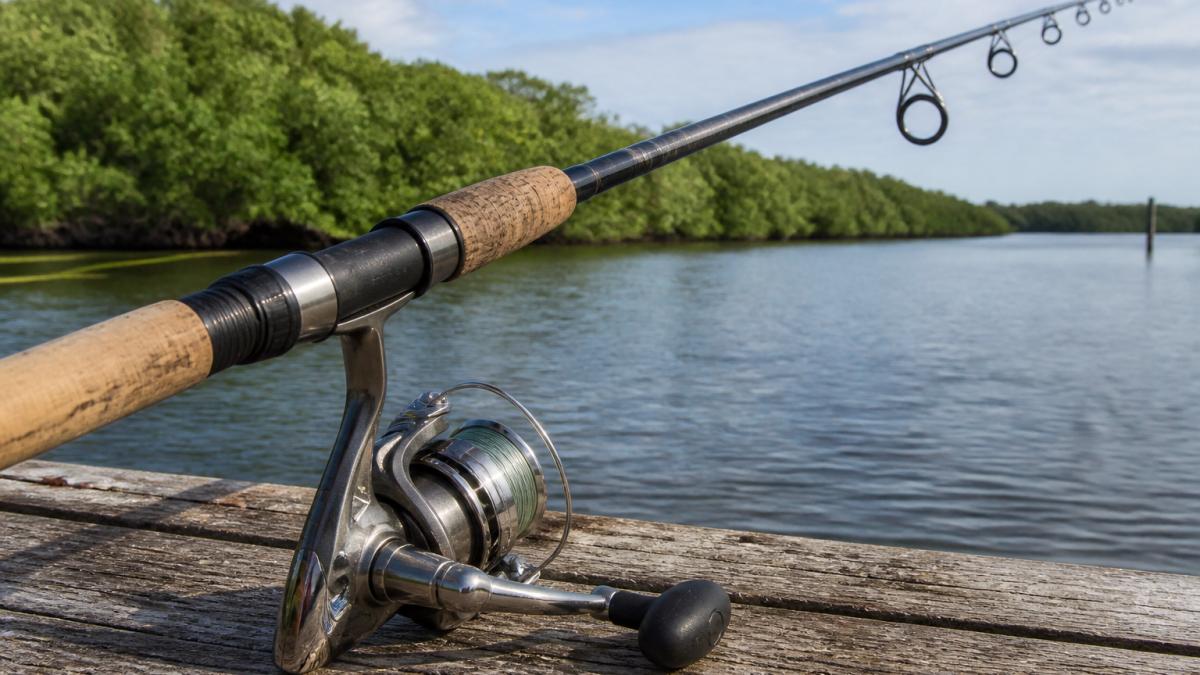 Close-up of a professional-grade saltwater spinning rod and reel setup positioned on a weathered dock with calm water and mangroves visible in the background, showing the rod blank, oversized guides, and reel handle detail