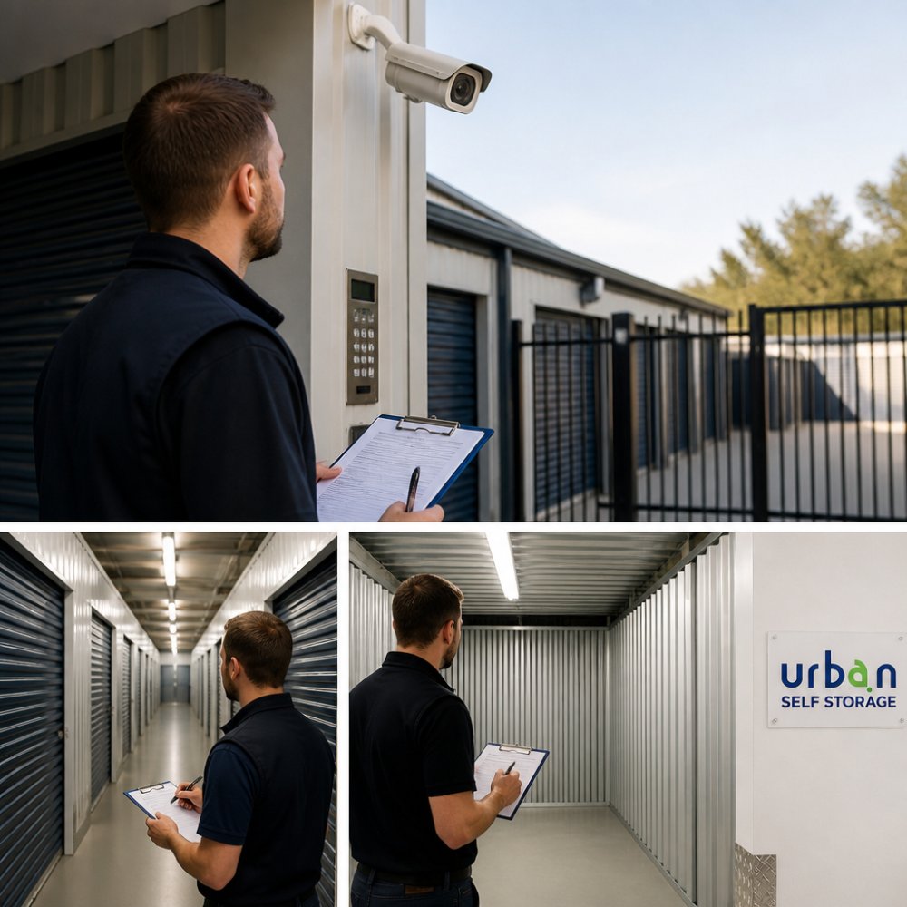 Inspector checking security cameras and systems at a secure self storage facility entrance
