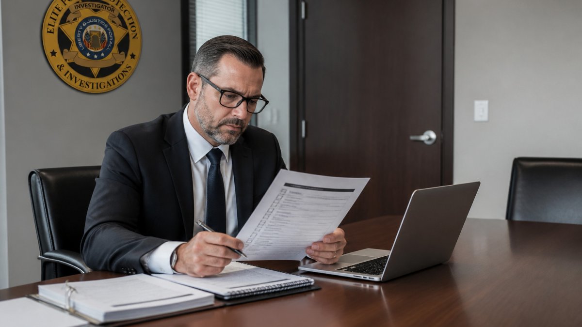 Government contracts manager reviewing a security provider compliance checklist in an office conference room