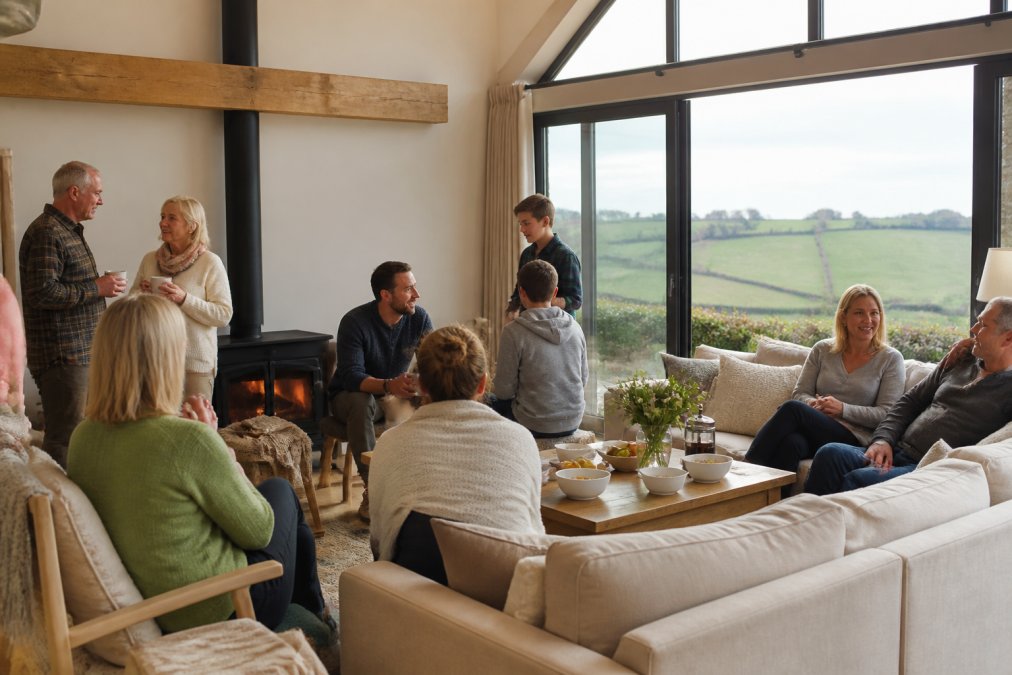 A multi-generational family group relaxing together in a spacious, light-filled barn conversion living room with countryside views through large windows, some people chatting on sofas and others near a log burner